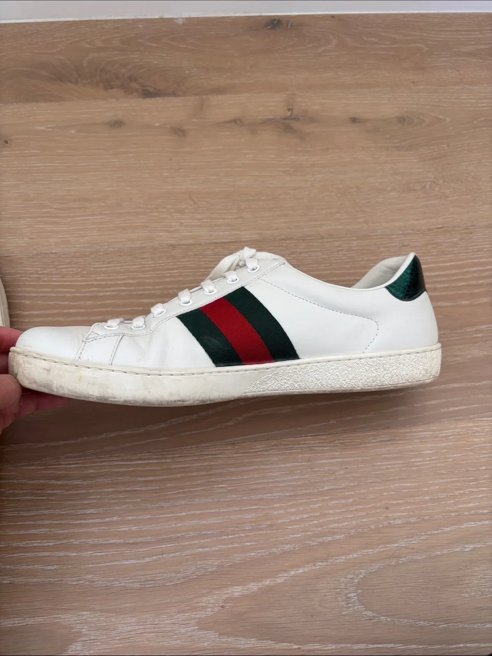 Gucci White Leather Sneakers with Red & Green Stripes and Snake Embroidery